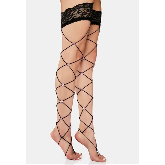 Thigh High Tights – Black Lace Fishnet w/ Pink Star Rhinestones – Festival OS - Picture 2 of 2